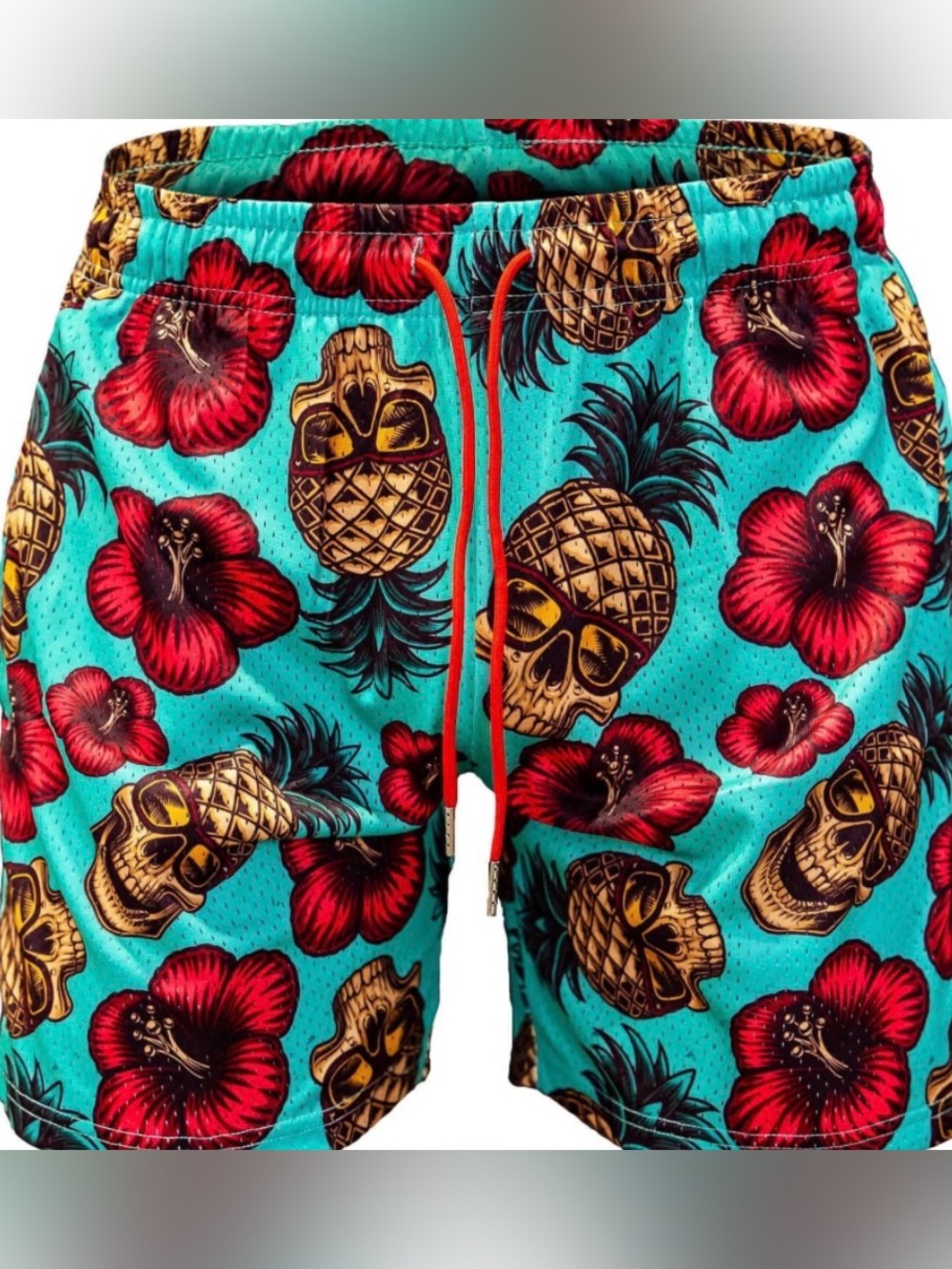 CMBT- New- Tropical Skull & Pineapple Swim Shorts - Turquoise & Red